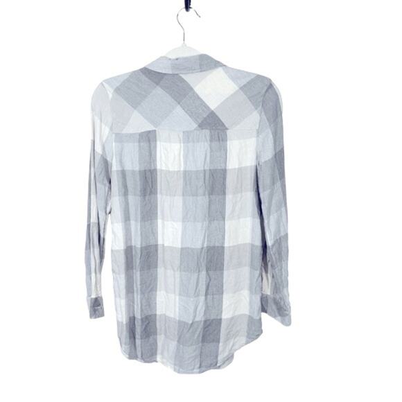 Aerie Grey White Colorblock Plaid Flannel Top Small | Button Front, Ruffle Trim - Picture 7 of 12